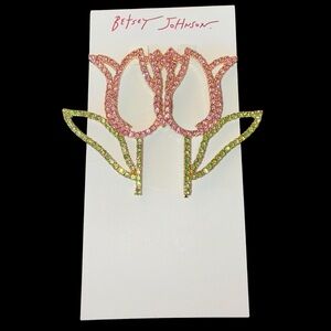 BETSEY JOHNSON Easter Spring Pink & Green Crystal-Studded Tulip Earrings NEW NWT